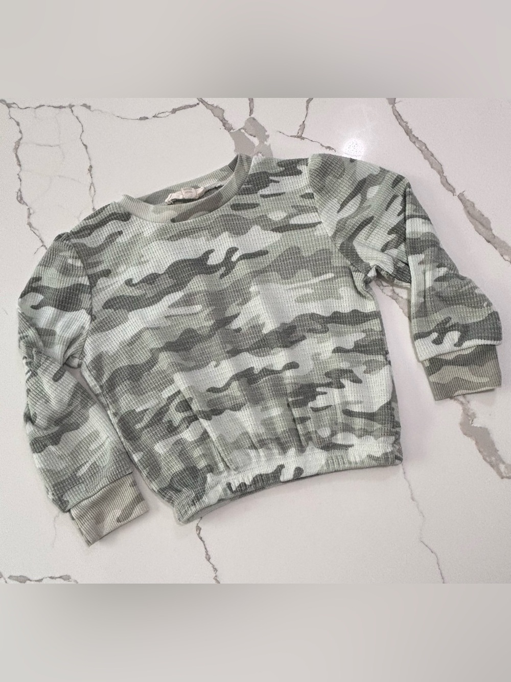 Jessica Simpson Girls Green Camo Waffle Knit Elastic Long Sleeve Pullover Top 4